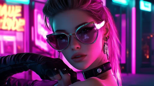 Neon lit digital portrait of woman in sunglasses at night.