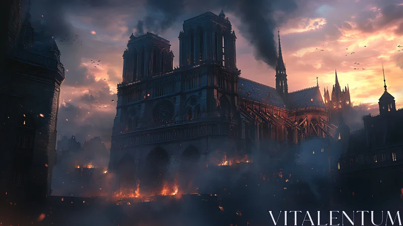 Gothic cathedral engulfed in urban fire under dramatic dusk sky