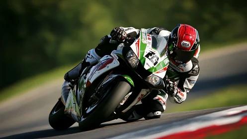 High-speed motorcycle racer leans into a thrilling track corner