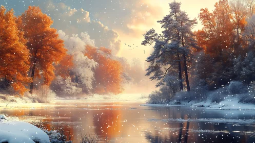 Transitional riverine landscape with diffused bicolor seasonal light.