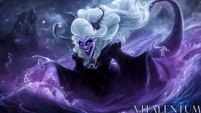 Sea witch emerging from stormy violet ocean vortex.