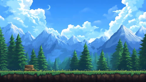 Pixel-parallax alpine forest with layered volumetric clouds.
