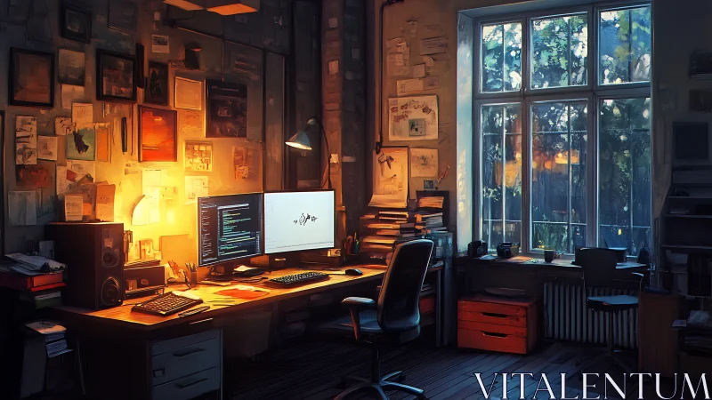 Programmer workstation in dim study with dual monitors.