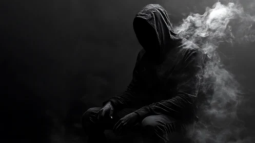 Hooded figure seated in smoke against dark background.