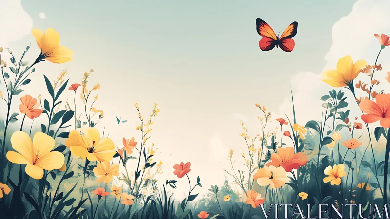 Butterfly above stylized wildflower meadow under pale sky.