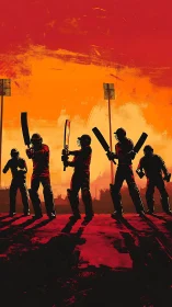 Cricket silhouettes on blazing urban sunset ground.