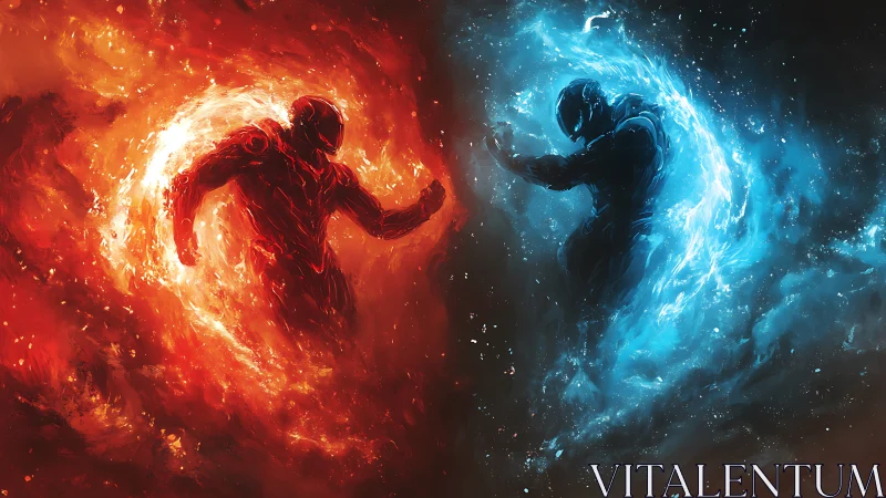 Elemental duel of armored fire and ice entities in deep void