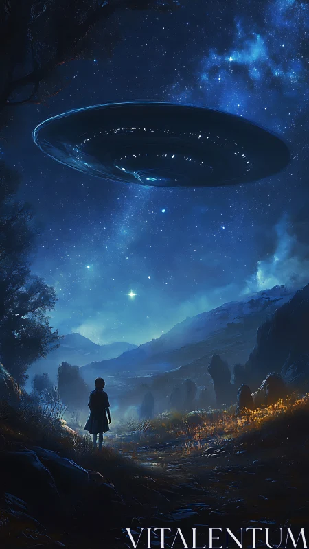 Child observes hovering UFO under star-saturated nocturnal sky