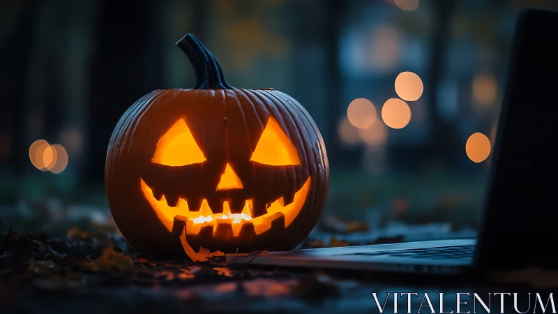 Glowing Halloween jack o lantern beside laptop outdoors.