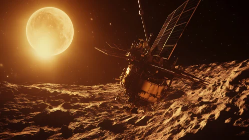 Space probe with solar panels descends onto rocky surface