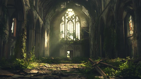 Sunlit ruin where cathedral stone surrenders to ivy.