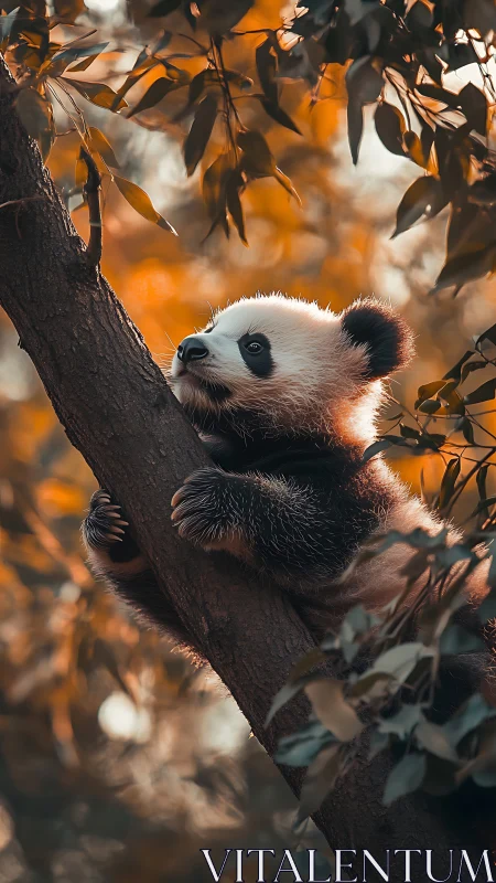 Daydreaming panda cub clings to an amber forest ladder