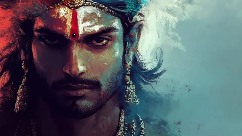 Warrior gaze in vivid red and teal divine light.