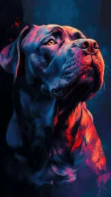 Neon-lit dog portrait gazes upward in bold, cinematic color.