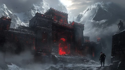 Storm-lit mountain fortress glowing with ominous red fire.
