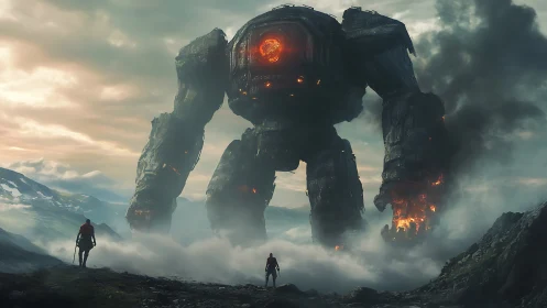 Colossal lava-powered war mech confronting lone mountain figures