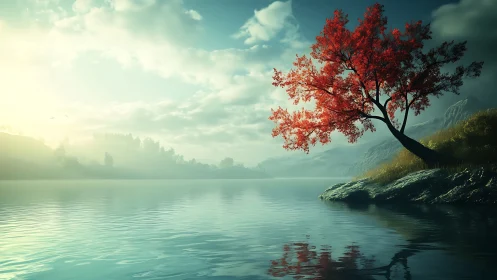 Solitary red tree leans over misty lake at tranquil sunrise