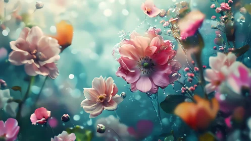 Ethereal Garden: Luminous Blooms in Dreamy Turquoise Light.