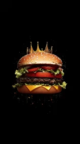 Burger with crown is rendered against uniform black background
