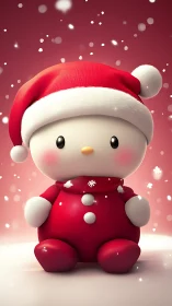 Minimalist snowman toy in red Santa outfit with snowfall.