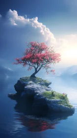 Solitary blossom island cradled in luminous mist and sky.