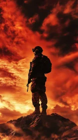 Silhouetted modern soldier stands atop ridge against infernal sky