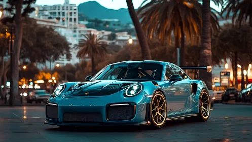 Sunset city cruise with a teal street-ready supercar.