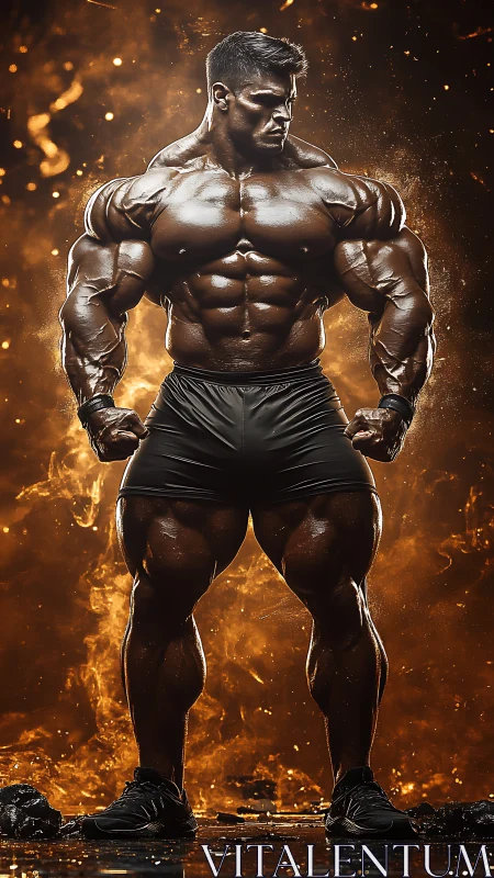 Forged Titan Of Iron: Flame-Lit Ultra-Real Bodybuilder Stance.