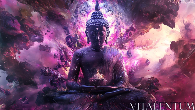 Cosmic Buddha radiates serenity amid swirling nebulae.