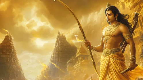 Warrior archer stands before ornate temple city in gold light