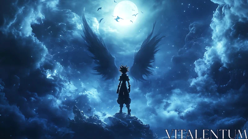 Moonlit winged wanderer poised above storm-tossed heavens.