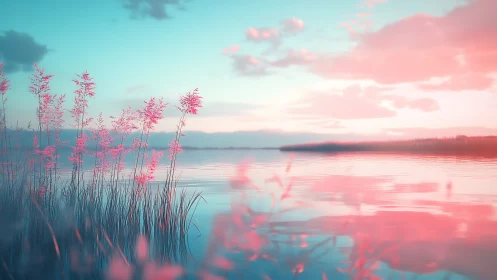 Dreamlike lakeside reeds glow under cyan and pink sky