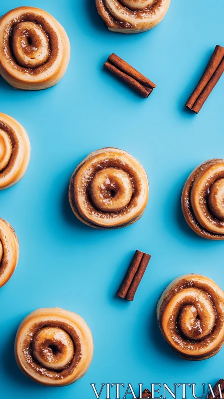 Top-down cinnamon rolls with linear stick spacing on cyan background