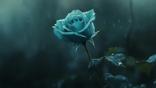 Cyan rose macro study under rainfall with bokeh depth separation
