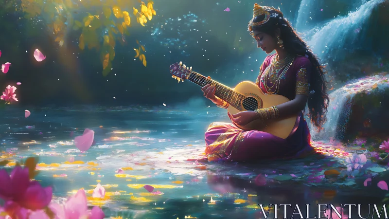 Woman in traditional dress plays guitar beside a waterfall