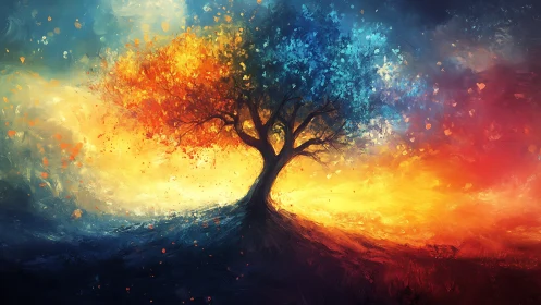 Symbolic dual-season tree in vibrant abstract landscape.