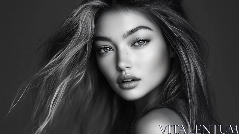 Monochrome portrait of woman with windswept flowing hair.