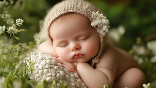 Newborn sleeps on textured blanket amid soft green florals