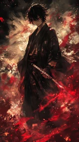 Volumetric crimson turbulence around solitary dark samurai.