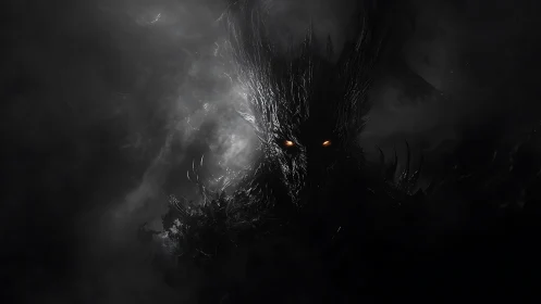 Midnight ember-eyed wraith crowned in storm-torn shadow.