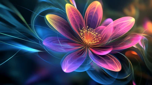 Glowing neon blossom drifting through a dreamy night garden.