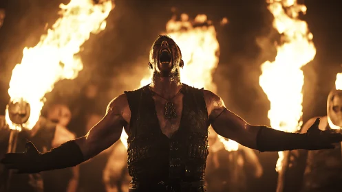 Armored performer shouting amid intense stage flames.