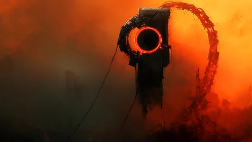 Mechanical ring structure in orange industrial haze environment.