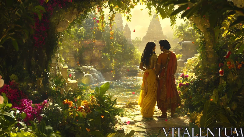 Lovers in golden temple garden, walking through mythic sunlight.