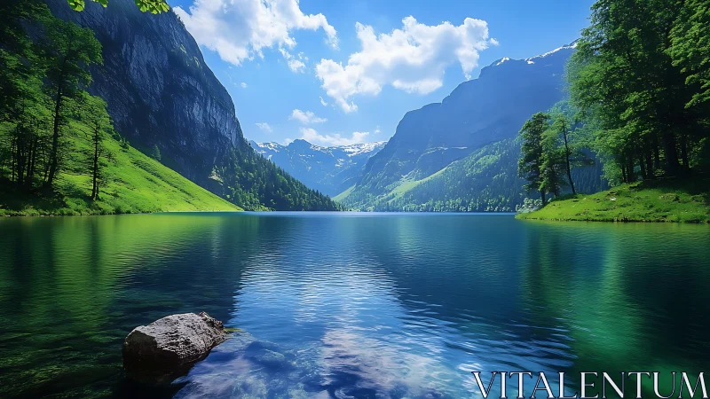 Mountain lake reflects vivid green slopes beneath clear skies