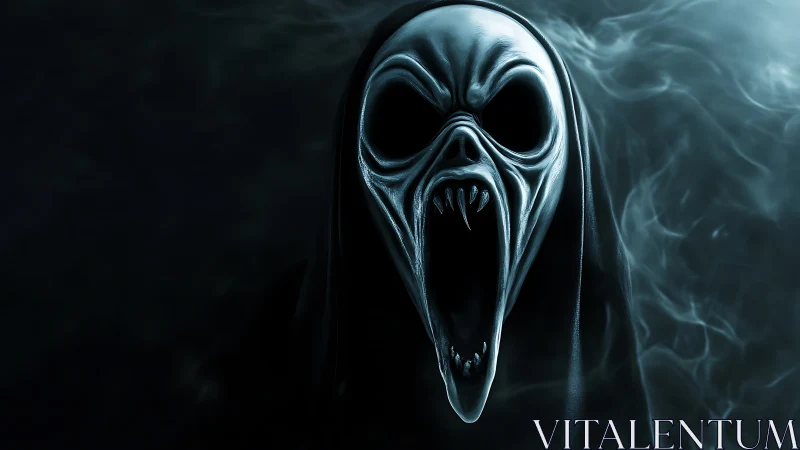 Hooded spectral skull screaming in dark misty void.