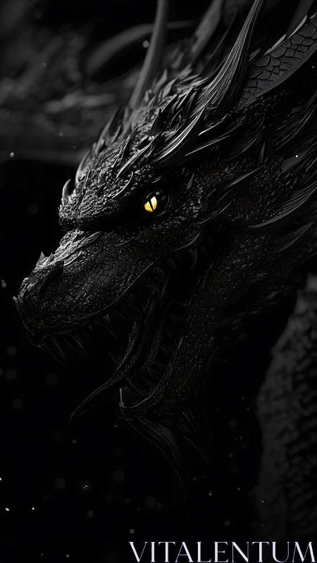 Midnight obsidian dragon with ember-gold hunting eye.