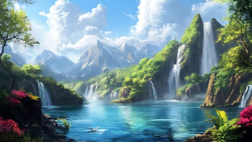 Mountain lake with cascading waterfalls under bright sky.