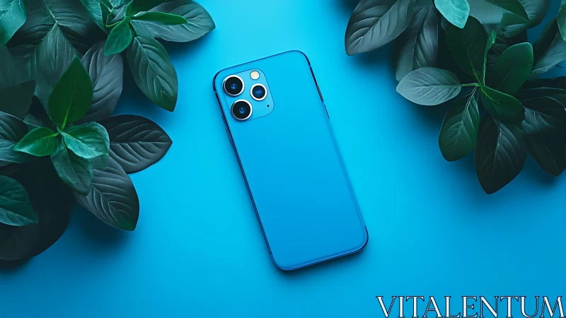 Premium Smartphone Flat Lay: Blue Apple Device Against Chromatic Background.