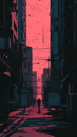 Neon dusk wanderer crossing a vertigo-tall cyber alleyway.